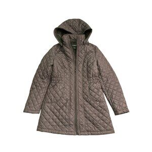 Liz Claiborne Womens Quilted Hooded Coat Faux Fur Lining Size S Gray Full Zip